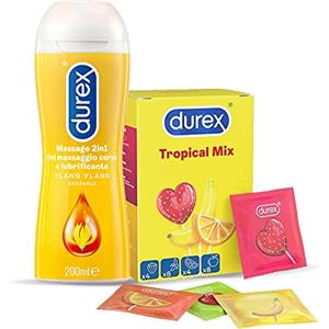 Durex Tropical Preservativi Aromatizzati alla Frutta 24 Profilattici + Durex Massage 2 in 1 con Ylang Ylang, Gel Lubrificante da 200ml