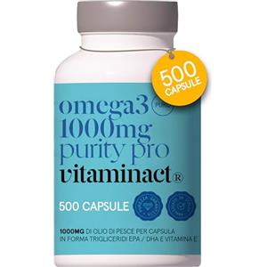 Vitaminact Omega 3-500 Capsule - 1000mg Di Olio Di Pesce Purissimo a Capsula In Forma Trigliceride (TG) Per Un Assorbimento Del 70% In Più - 1200mg di EPA e DHA a Dose - Con Vitamina E -Senza Ritorno del Gusto