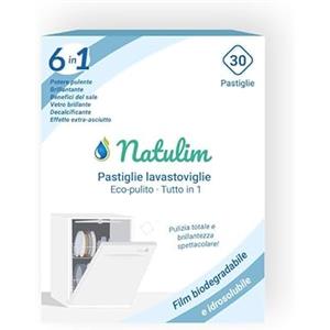 Natulim - Compresse per lavastoviglie 6 in 1 biodegradabili e idrosolubili, confezione da 30 - Pulizia profonda, risciacquo, funzione sale, protezione vetri, effetto extra secco - Made in EU