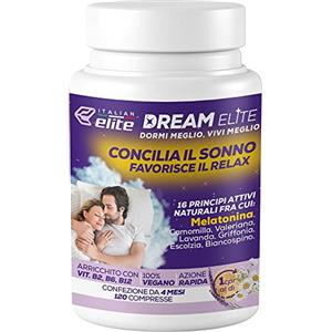 Italian Elite Melatonina, Dream Elite, 120 cpr, Integratore per favorire il Sonno con Camomilla, Valeriana, Vitamine B ed Estratti Vegetali Naturali per Dormire Meglio e sconfiggere l'insonnia.