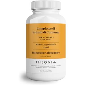 Theonia complesso di estratto di curcuma - Vitamina D3 e C, estratto di pepe nero - Supporta i muscoli e le articolazioni - Massima efficacia e maggiore assimilazione - 60 capsule vegane