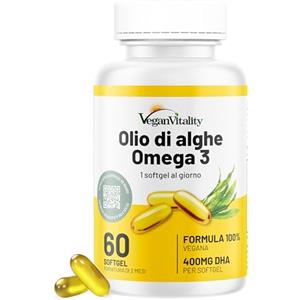 Vegan Vitality Omega 3 Vegan - Olio di Alghe ad Alta Efficienza, 400mg DHA per Capsula - 60 Capsule, Fornitura 2 Mesi - Integratore di Omega 3 a Base di Alghe