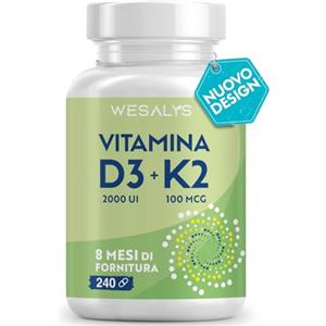 WE Salus Vitamina D3 K2 240 Capsule (8 Mesi), Vitamin D3 2000 UI + 100 µg Vitamina K, Supporta Ossa, Articolazioni e Sistema Immunitario, Vit D3 Menachinone