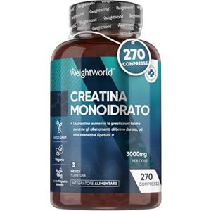 WeightWorld Creatina Monoidrata 3000mg, 270 Compresse (3 Mesi) Senza Magnesio Stearato, Creatina Monohydrate Integratore per Allenamento, Sport, Palestra, Pre Workout, Intra Workout, Post Workout, Uomini e Donne