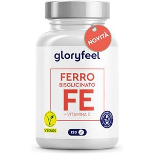 Gloryfeel Ferro Bisglicinato con Vitamina C, Supporto per Stanchezza e Sistema Immunitario, 100% Vegan, Senza Glutine e Lattosio, 120 Compresse per 4 Mesi