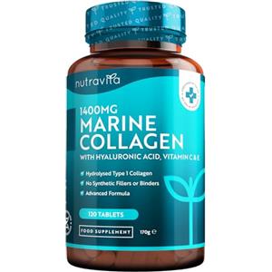 Nutravita Collagene Marino con Acido Ialuronico 1400mg - Collagene Idrolizzato Tipo 1-120 Compresse (2 mesi) - Marine Collagen + Vitamina C, E, B2 e Zinco - Integratore Pelle, Articolazioni e Ossa - Nutravita