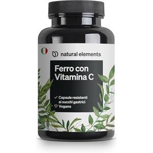 natural elements Integratore Ferro 20 mg (da bisglicinato ferroso) per capsula - con 42 mg di vitamina C naturale - vegano, insapore - 180 capsule - materia prima pregiata: FerrochelTM (chelato di ferro)