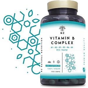 N2 Natural Nutrition Vitamina B Complex. Vitamina B12, Inositolo, B9 (acido folico), B7 (Biotina), B6, B3, B2, B1. Acido pantotenico. Integratore difese immunitarie. 150 Capsule. CE. Vegano. N2 Natural Nutrition