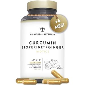 N2 Natural Nutrition Curcuma e Piperina Plus CurQreal® + BioPerine® con Fermenti Lattici. 1 capsula 10.000 mg di Curcuma in Polvere. Curcuma Capsule 70% Curcumina. 4 Mesi. Curcuma e Zenzero. N2 Natural Nutrition