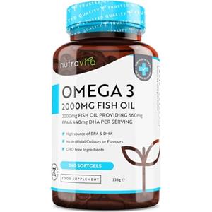 Nutravita Omega 3 Olio di Pesce da 2000 mg - 660 mg EPA e 440 mg DHA per Porzione - 240 SoftGel Capsule di Olio di Pesce Puro - Fornitura per 4 Mesi - Prodotto nel Regno Unito da Nutravita