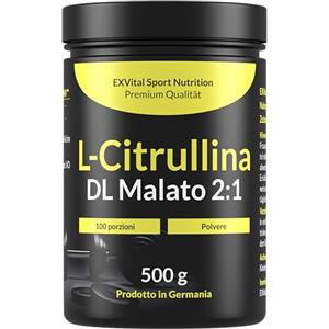 EXVital L-Citrullina in polvere, 500 g L-Citrullina DL-Malato 2:1 - Solubilità ottimale, fermentazione vegetale, Testata in laboratorio e priva di additivi, Potenziatore dell'allenamento, Aminoacidi premium