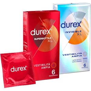 Durex Mix Preservativi, Supersottile Sottili XL Extra Large 60 mm 6 unità + Invisible XL 57 mm Extra Sottili 6 unità, 12 profilattici