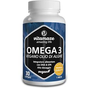 Vitamaze - amazing life Vitamaze® Omega 3 Vegan, 30 giorni con 375 mg di DHA e 125 mg di EPA, 1 capsula al giorno di Olio di Alghe Omega 3 vegano, 1080 mg di Omega 3 vegetale di alta qualità, massima biodisponibilità