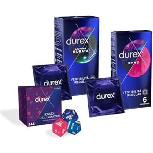 Durex Preservativi Stimolazione e Lunga Durata, 12 Profilattici Durex Retard e 6 Preservativi Durex Sync con Rilievi e Nervature + dadi dell'amore Durex 2024