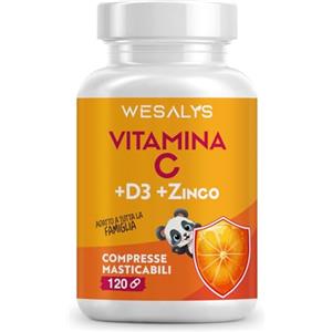 WESALYS Vitamina C D Zinco, Masticabile gusto Arancia, per Bambini ed Adulti, Vitamina C 1000mg, Vitamina D3 2000 UI e Zinco 5mg in 2 cpr, WE Salus