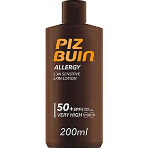 PIZ BUIN Allergy Latte Solare SPF 50+, Crema solare 50+ per pelli delicate e sensibili al sole, Protezione solare 50+ con filtro solare UVA/UVB, Latte solare SPF 50+ resistente all'acqua, 200 ml