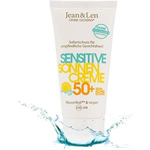 Jean & Len Sensitive Crema solare 50+ SPF impermeabile, protezione istantanea per la pelle sensibile, senza siliconi, nanoparticelle, octocrylene, microplastiche, profumi e coloranti, vegan, 50 ml