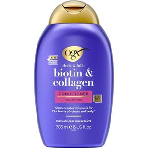 OGX Balsamo Thick & Full + Biotin & Collagen, Balsamo volumizzante capelli con Biotina e Collagene, Balsamo capelli fini dall'effetto rinforzante per una chioma corposa e sana, 385 ml