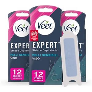 Veet Expert Strisce Depilatorie Viso, Ceretta per Pelli Sensibili con Olio di Mandorla, Dermatologicamente Testate, 36 Strisce (3x12 Strisce) + 6 Salviette Post-Epilazione con Olio D'Argan