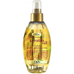 OGX Olio capelli Anti-Breakage + Keratin Oil Weightless Rapid Reviving Hair Oil, Olio per capelli con trattamento Cheratina fortificante, Spray alla cheratina per capelli crespi, ricci o mossi, 118 ml