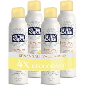 Neutro Roberts Deodorante Spray Fresco Giallo, Bergamotto e Zenzero, Zero Sali di Alluminio, Zero Macchie, con Puro Olio di Glicerina, Uomo e Donna, Dermatologicamente testato, 48h - 4 Pezzi da 150 ml