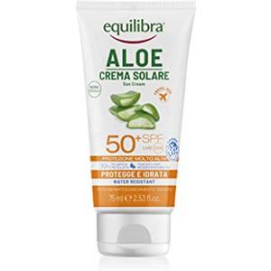 equilibra Solari, Aloe Crema Solare SPF 50+ Travel Size, con Aloe Vera, Vitamina C ed E, Olio di Argan, Olio di Cocco e Burro di Karité, Per un'Abbronzatura Sana e Naturale, Water Resistant, 75ml