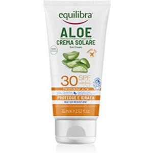 equilibra Solari, Aloe Crema Solare SPF 30 Travel Size, a Base di Aloe Vera, Vitamina C ed E, Olio di Argan, Olio di Cocco e Burro di Karité, Per un'Abbronzatura Sana e Naturale, Water Resistant, 75ml