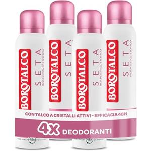 Borotalco, Deodorante Spray Seta, con Talco a Cristalli Attivi, Tripla Protezione Asciutta, Senza Alcool, Profumo di Talco eFiori Rosa, 48h efficacia - 4 Pezzi da 150 ml - Esclusiva Amazon