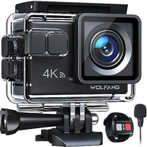 WOLFANG Action Cam GA100 4K 30FPS, 20MP WiFi PC Camera, Fotocamera per Casco, Subacquea 40M Impermeabile Videocamera, EIS, Telecomando2.4G, Mic Esterno,2x1050mAh Batterie e Accessori di Montaggio