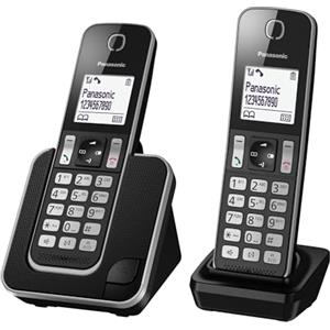 Panasonic KX-TGD312JTB Telefono Cordless Digitale, Unità Base e 2 Ricevitori, Display LCD Bianco, Vivavoce, ID Chiamante, Blocco Chiamate Indesiderate, Modalità Eco Plus, Sicurezza DECT, Nero