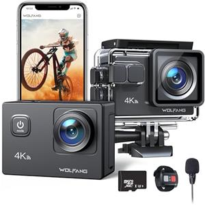 WOLFANG Action Cam GA100 4K 30FPS, 20MP Camera con 32GB MicroSD, Grandangolo 170° Fotocamera per Casco, Subacquea 40M Impermeabile Videocamera, EIS,Telecomando2.4G, Mic Esterno,2x1050mAh Batterie