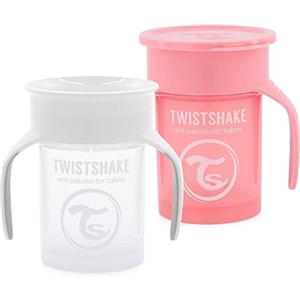 Twistshake 2 bicchieri a prova di perdite per bambini 360, con guarnizione in silicone, 230 ml, da allenamento per bambini, senza BPA, colore: bianco e rosa