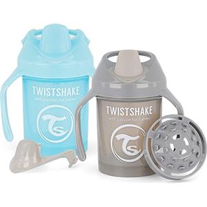 Twistshake 2 mini tazze per bambini a prova di perdite, con beccuccio morbido e frullatore di frutta, 230 ml, senza BPA, per bambini, borraccia per bambini, colore: blu e grigio