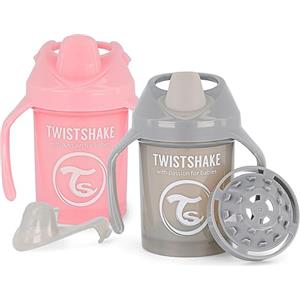 Twistshake 2 mini tazze per bambini a prova di perdite, con beccuccio morbido e frullatore di frutta, 230 ml, senza BPA, da allenamento per bambini, borraccia per bambini, colore: grigio rosa