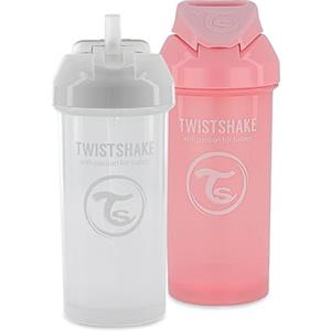 Twistshake 2 tazze per sorseggiare con cannuccia, 360 ml, bottiglie d'acqua a prova di perdite, tazza da allenamento per bambini, senza BPA, colore bianco rosa