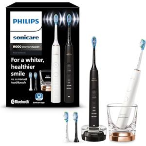 Philips Sonicare DiamondClean 9000 spazzolino elettrico, confezione doppia, spazzolino sonico con app, sensore di pressione, 4 modalità di pulizia, bicchiere di ricarica, nero e oro rosa, HX9914/61