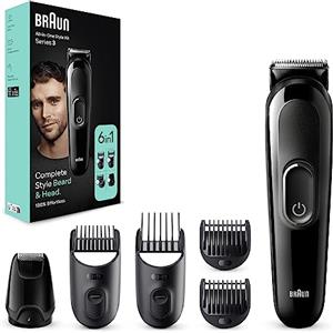 Braun Rasoio Elettrico Barba e Capelli, Regolabarba Tagliacapelli Uomo, 6-In-1 Styling Kit Ideale Per Barba, Capelli, 50 Minuti Di Utilizzo Senza Fili, MGK3420