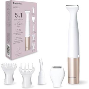 Panasonic ES-WM31 5 in 1 Kit Corpo e Bikini, Epilatore Donna, Rasoio Donna, Rasoio Bikini, 5 Accessori, Impermeabile IPX7, Wet & Dry, Alimentazione a Batteria (Necessaria 1 AA), Oro Bianco