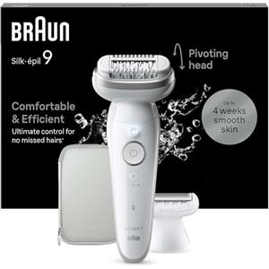 Braun Silk-épil 9 Epilatore Elettrico Donna Con Testina Flessibile, Wet & Dry, Pelle Liscia a Lungo, Con Testina Per Rasoio Elettrico Donna e Cappuccio Rifinitore, 9-041, Bianco/Argento