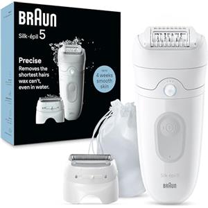 Braun Silk-épil 5 Epilatore Elettrico Donna Wet & Dry, Pelle Liscia a Lungo, Con Testina Per Rasoio Elettrico Donna e Cappuccio Rifinitore, Idea Regalo, 5-041, Bianco/Grigio