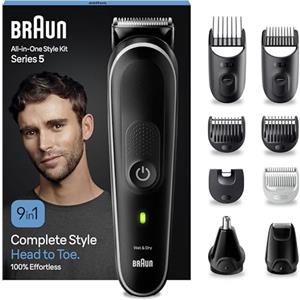 Braun Rasoio Elettrico Barba e Capelli, REGOLABARBA UOMO E Tagliacapelli Uomo, 9-In-1 per Barba, Capelli, Naso e Orecchie, 100 Minuti Di Utilizzo, Idea Regalo, MGK5410 Nero