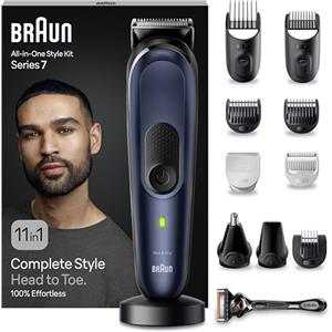 Braun Rasoio Elettrico Barba e Capelli, REGOLABARBA UOMO e Tagliacapelli Uomo, 11-in-1 Styling Kit per Barba, Capelli, Corpo, Naso e Orecchie, 100 Minuti Di Utilizzo, Idea Regalo, MGK7450 Blu