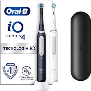 Oral-B Spazzolino Elettrico Ricaricabile iO 4N, Sensore di Pressione, Connessione Bluetooth, 4 Modalità di Spazzolamento, 2 Testine, 2 Spazzolini, 1 Custodia da Viaggio, Bianco e Nero, Idea Regalo