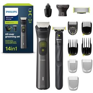 Philips Series 9000 14-in-1 Rifinitore + OneBlade, rifinitura precisa, bordi ben definiti, rasatura comoda, borsa da toilette di qualità, lama OneBlade extra (modello MG9550/15)