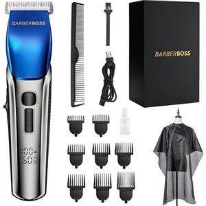 BarberBoss Tagliacapelli da uomo, Regolabarba - 4 impostazioni di velocità, Lama in ceramica, 8 pettini accessori, Display LED, Carica USB, Impermeabile, Kit per la cura dei capelli, QR-2083