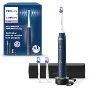 Philips Sonicare 6100, spazzolino elettrico sonico con 2 modalità di spazzolamento e 3 livelli di intensità, avviso di pressione, EasyStart, SmarTimer, custodia da viaggio, blu navy, modello HX7403/01