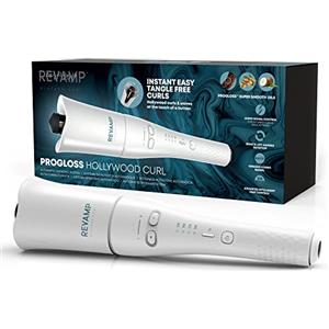 REVAMP Progloss Hollywood Curl, Ferro Arricciacapelli Automatico Rotante in Ceramica, Tecnologia Ionica per Onde Morbide o Ricci Definiti, Infusa in Oli Liscianti Progloss, Esclusiva Amazon, Bianco