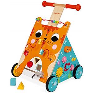 Janod - Carrello Multi-Attività Gatto in Legno - Spingitore Evolutivo con Freno e Maniglia Regolabile - Apprendimento della Camminata - A Partire dall'anno, J08005, Multicolore