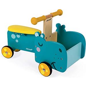 Janod - Cavalcabile per Bambini in Legno Ippopotamo - Maniglie Ergonomiche e Ruote Silenziose - Scomparto per Riporre - Apprendimento dell'equilibrio - A Partire dall'anno, J08003, Blu e Giallo