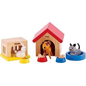 Hape Family Pets , Complete Your Wooden Dolls House with Happy Dog, Cat, Bunny Pet Set with Complimentary Houses and Food Bowls